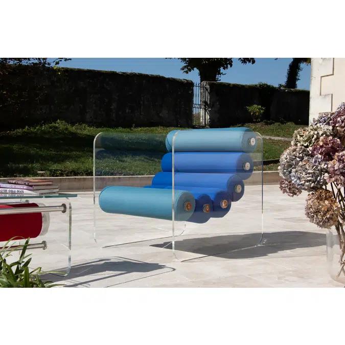 Fotoliu Sufragerie colectie KUUMO MW02 combinatie perne albastre cotiere laterale PMMA panouri transparente