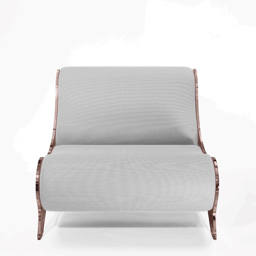 Fotoliu alb elegant colectie KUUMO MW06 perne albe cotiere laterale panouri Bronz fumuriu PMMA