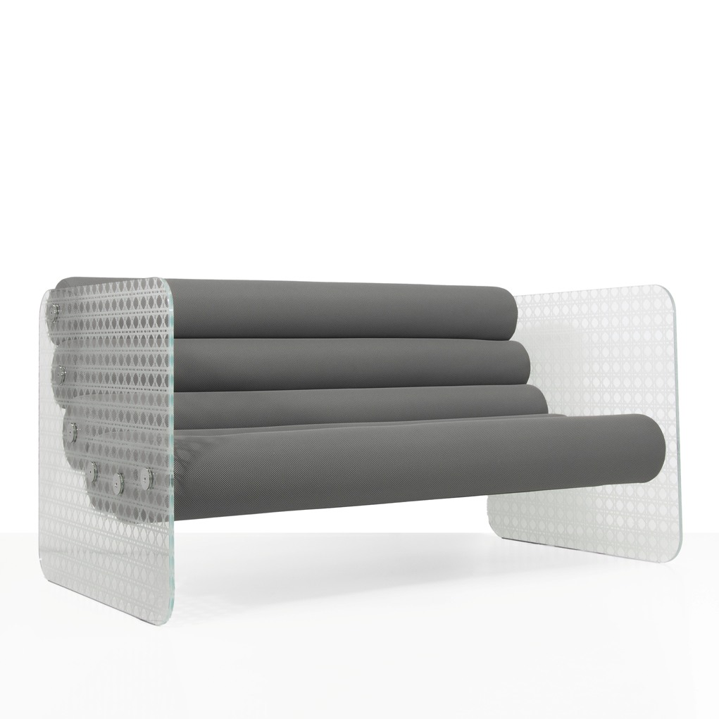 Bancuta Terasa❤️ colectie KUUMO MW02, perne gri, design Cannage, panouri laterale transparente PMMA sau sticla