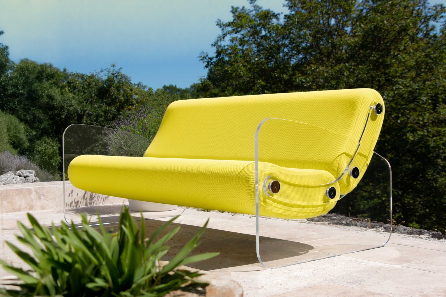 Canapea Exterior❤️ colectie KUUMO MW03, banchete galbene lungime 150 cm, laterale, panouri transparente PMMA sau colorate