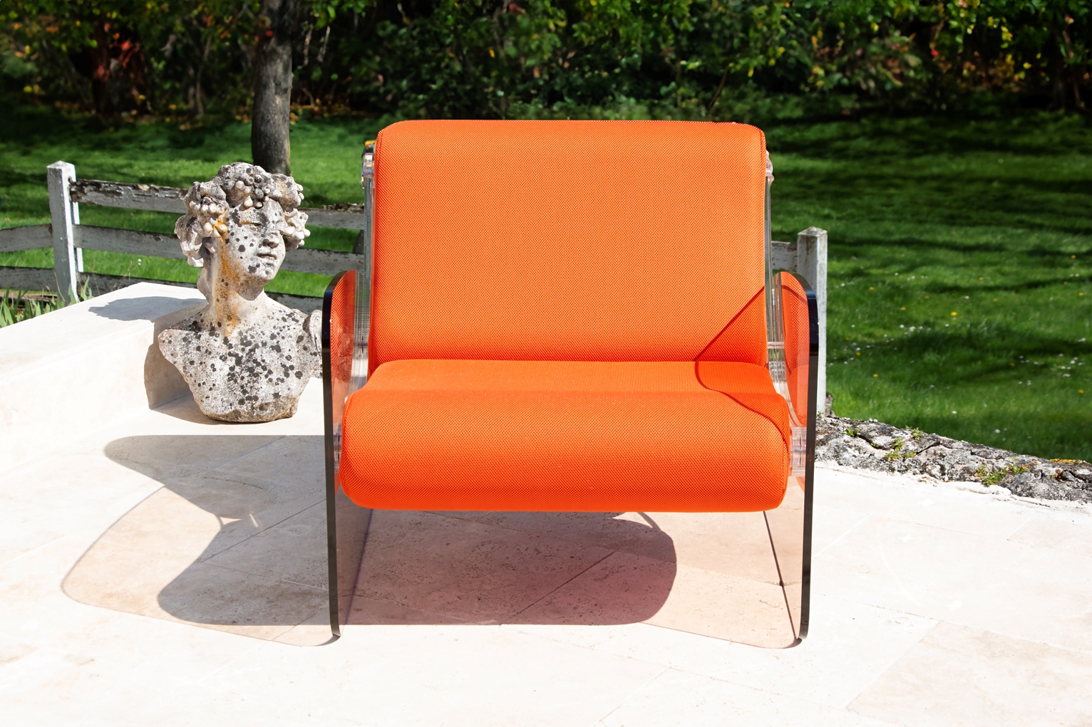 Fotoliu puf exterior❤️ colectie KUUMO MW03, perne orange teracota, latime 70 cm, cotiere laterale, PMMA, panouri transparente