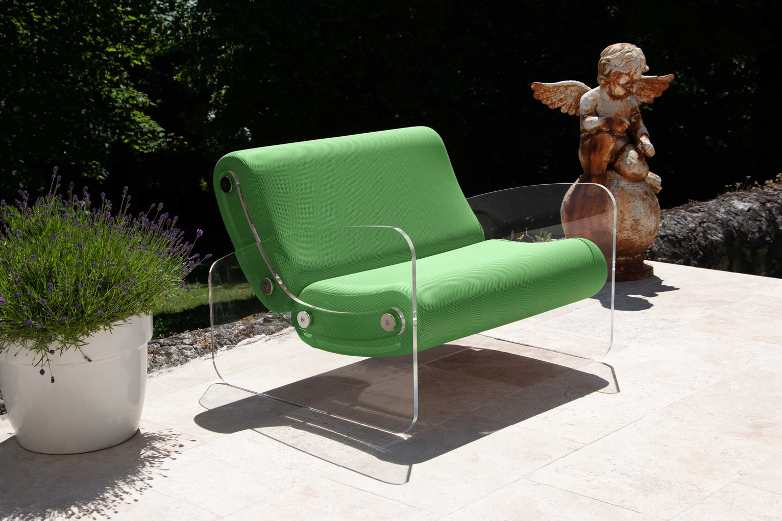 Fotoliu exterior❤️ colectie KUUMO MW03, sezut si spatar verde, latime 70 cm, cotiere laterale, PMMA, panouri transparente