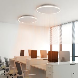 panou radiant Infrarosu Ambianzza R600 de Tavan Alb Rotund diametru 60cm 750 W Lumina LED 40W dimmabil RGB termostat fara fir telecomanda sala sedinte