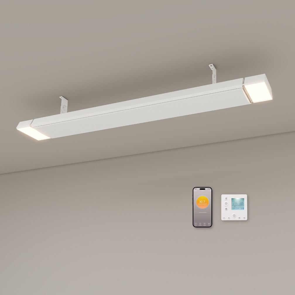 Lampa cu Infrarosu❤️ cu termostat incorporat Wifi, Ambianzza 3000 W, 1CG1502 WiFi LED 40 W, dimmabil RGB, Alba, telecomanda, de Tavan sau de Perete, 1812x220x110 mm