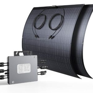 kit 2 panouri fotovoltaice flexibile 480 W, on grid, cu micro inverter 800W interior cutie vedere dreapta frontal