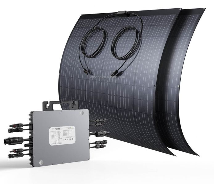 kit 2 panouri fotovoltaice flexibile 480 W, on grid, cu micro inverter 800W interior cutie vedere dreapta frontal